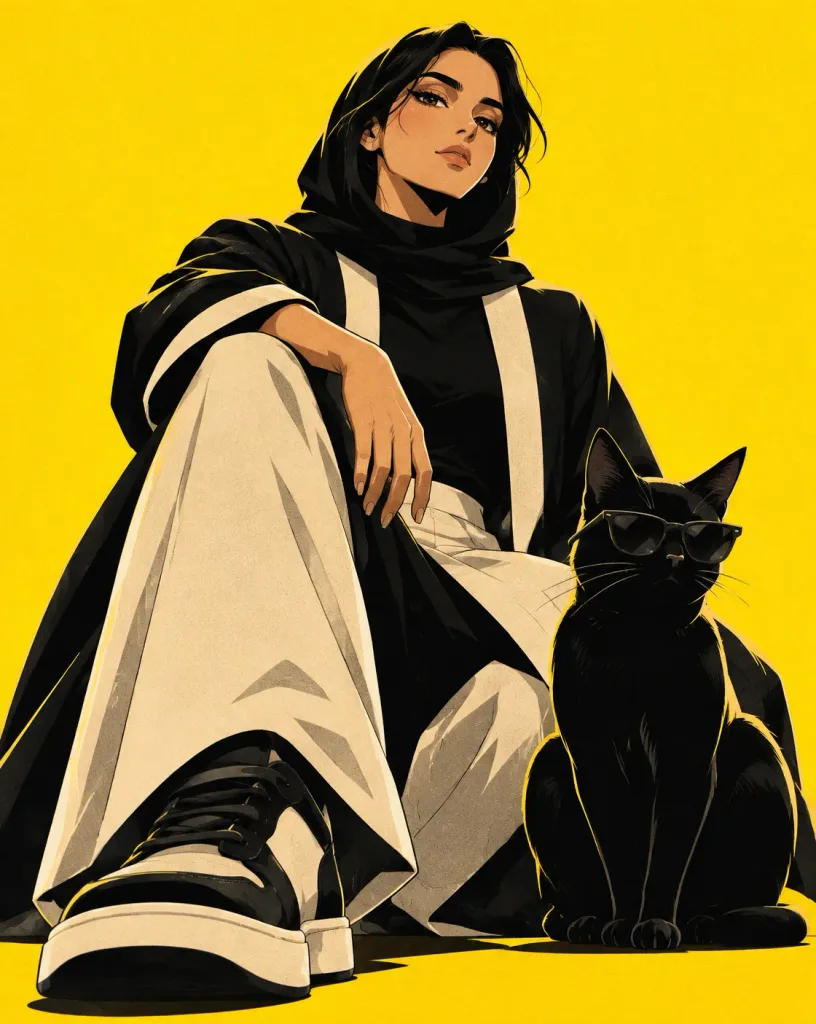 サウジストリートウェアとクールな黒猫のアニメポスター