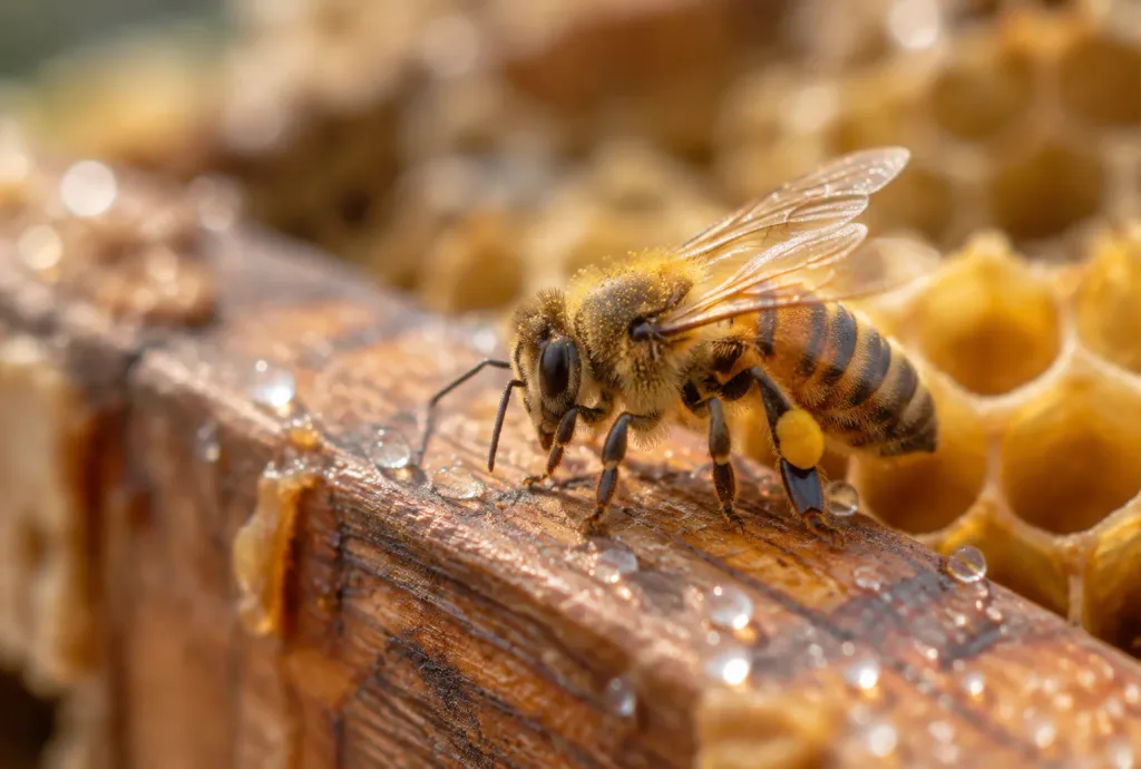 Honeybee Macro on Weathered Hive Frame