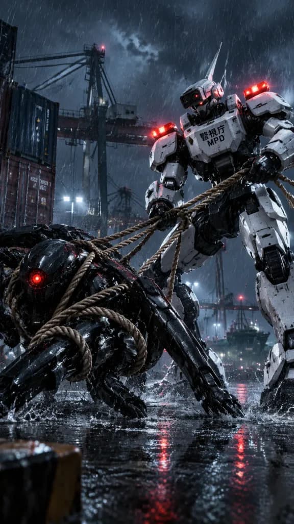 Police Mech Restraining Hostile Spider Robot