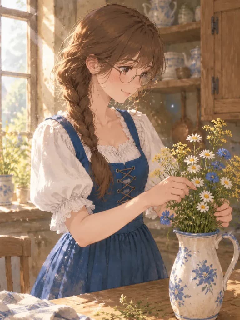 鄉村田園風動漫少女插花肖像