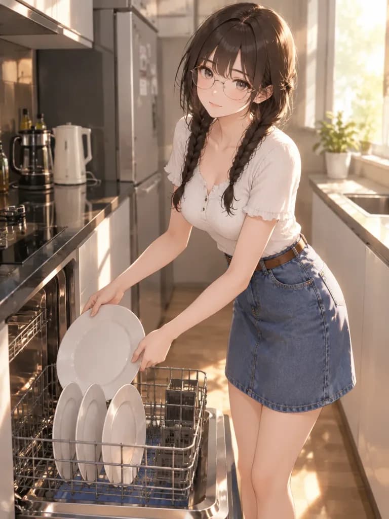 食洗機を使うアニメ調の女性