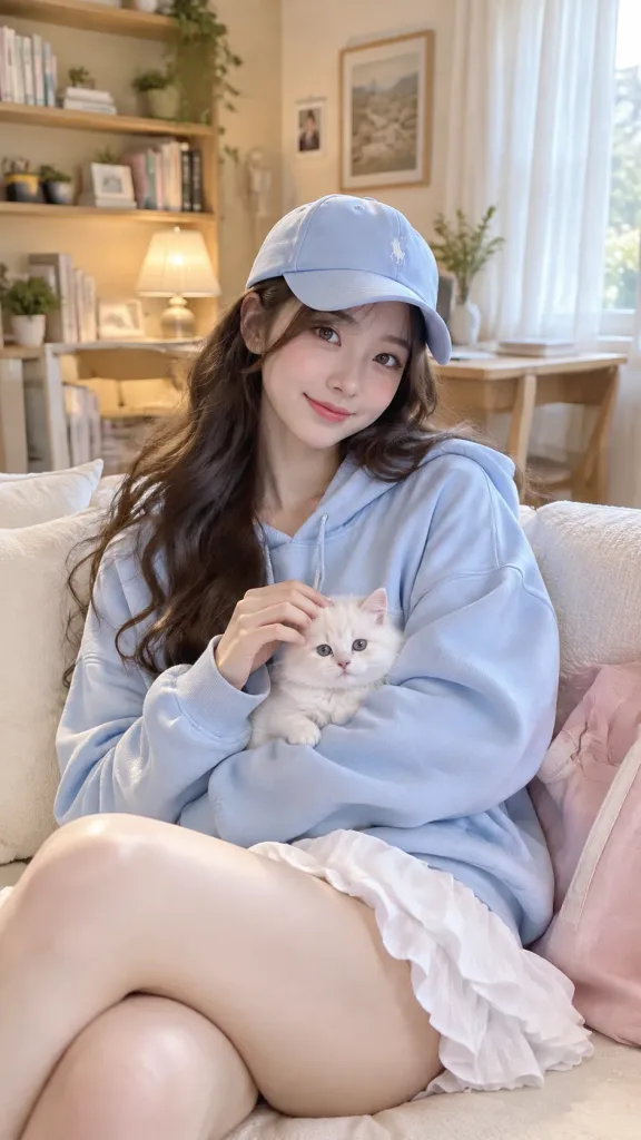 Korean Woman Holding Kitten at Home