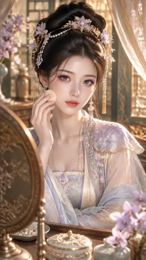 中華古風 鏡前の真珠メイク貴婦人ポートレート