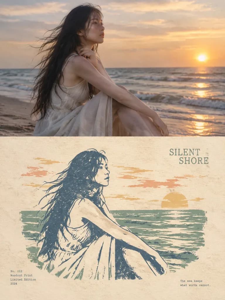 Split Photo and Woodcut Art Poster