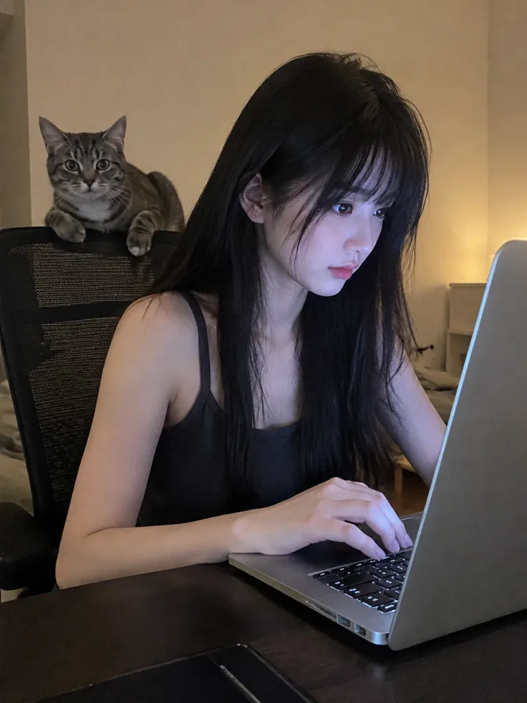 Candid Desk Work with Tabby Cat
