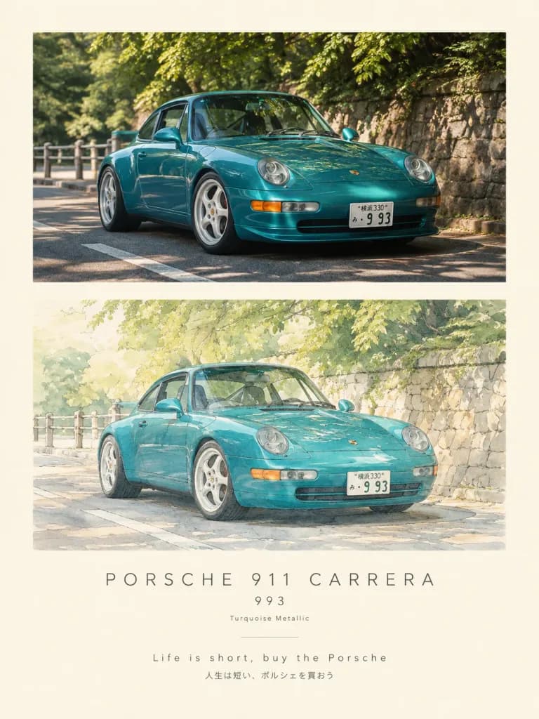 Poster automobilistico con foto e acquerello