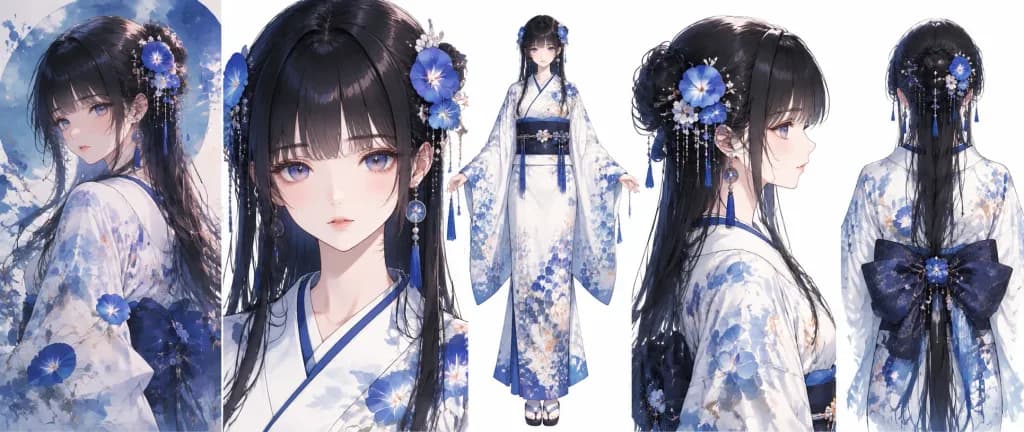 Blue Kimono Anime Character Reference Sheet