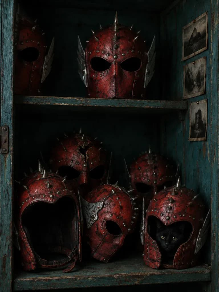 Red Spiked Masks in Teal Cabinet