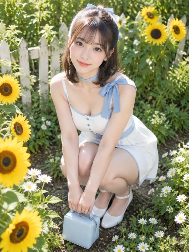 Woman Crouching in Sunflower Garden