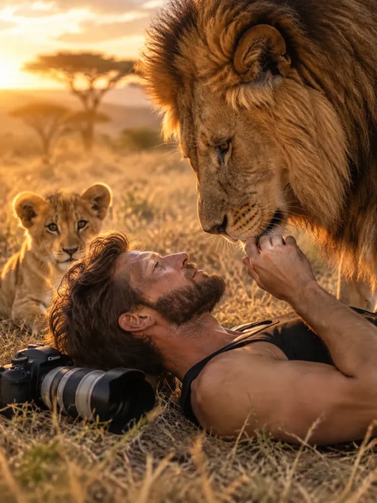 Wildlife Photographer with Lions at Sunset