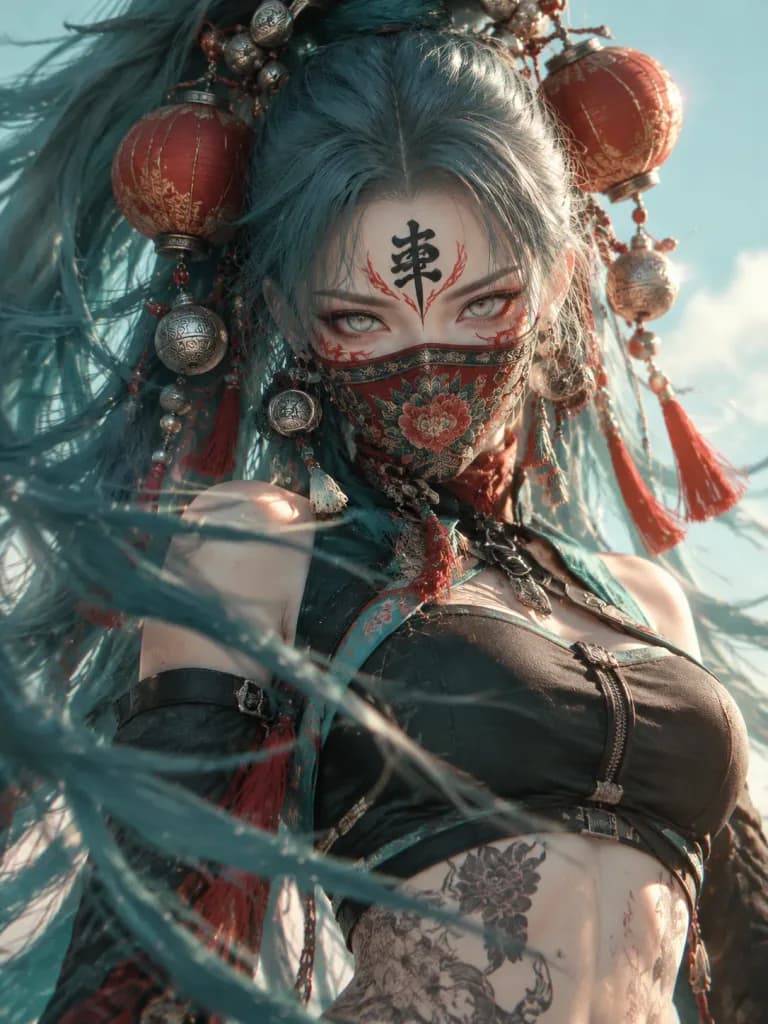 Futuristic Teal-Haired Warrior Portrait