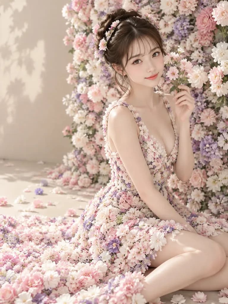 หญิงสาวในชุดเดรสกลีบดอกไม้สด