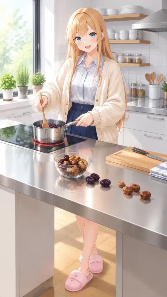 Anime-Mädchen kocht Pflaumen