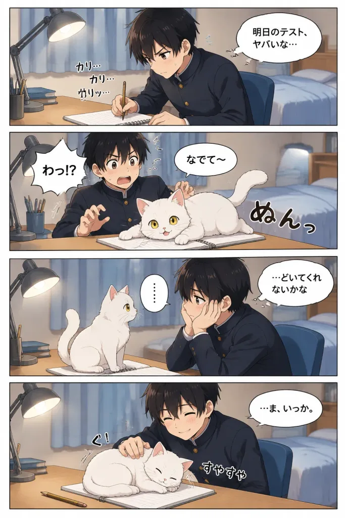 勉強を邪魔する白猫の4コマ漫画