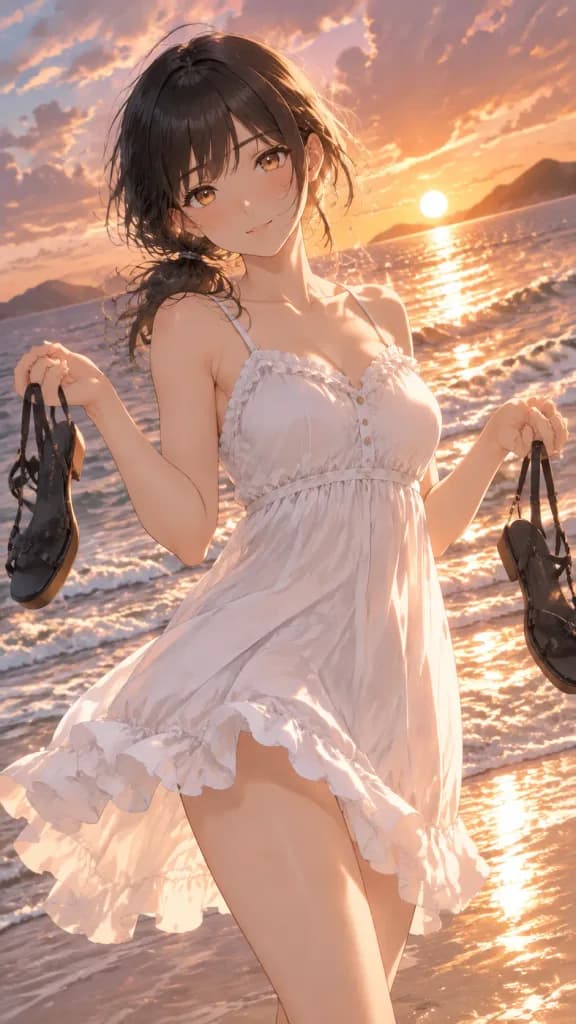 夕陽海灘手提涼鞋動漫少女