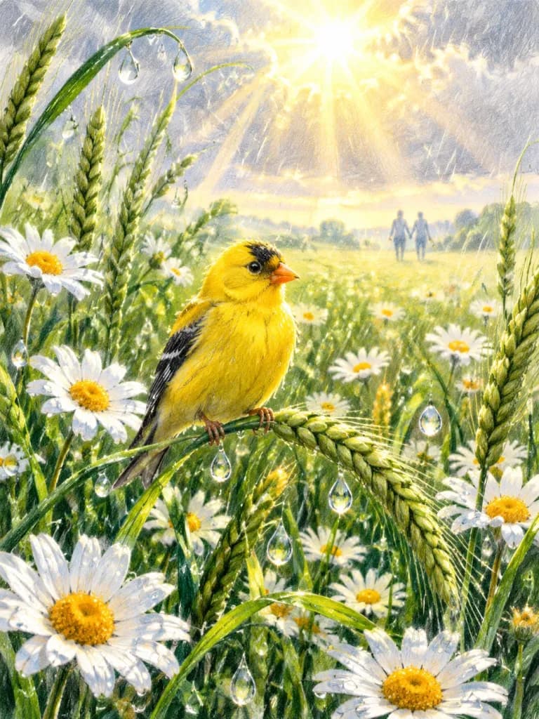 Goldfinch in Sunlit Rain Field