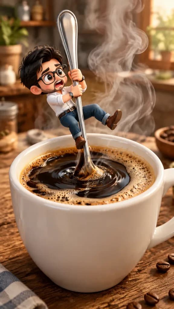 Tiny Chibi Man in Giant Coffee Mug