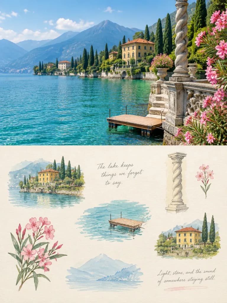 Lake Como Photography and Gouache Diptych