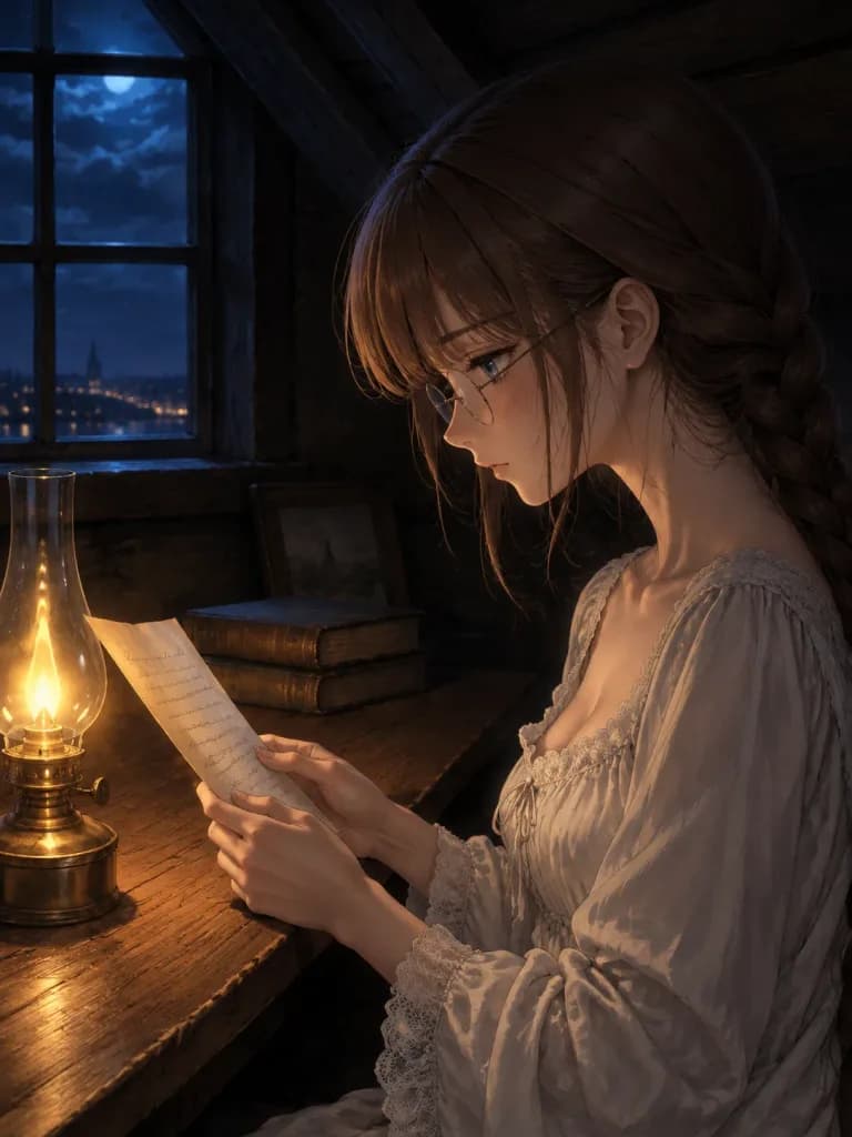 Woman Reading Letter by Oil Lamp