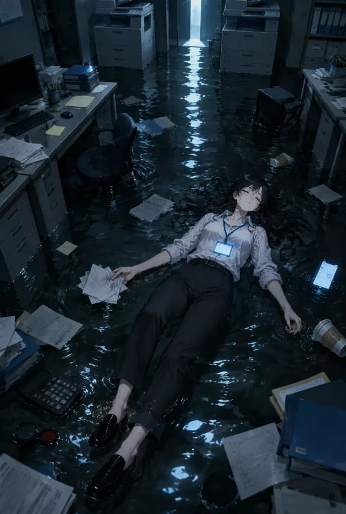 Burnout in a Flooded Office Anime Scene