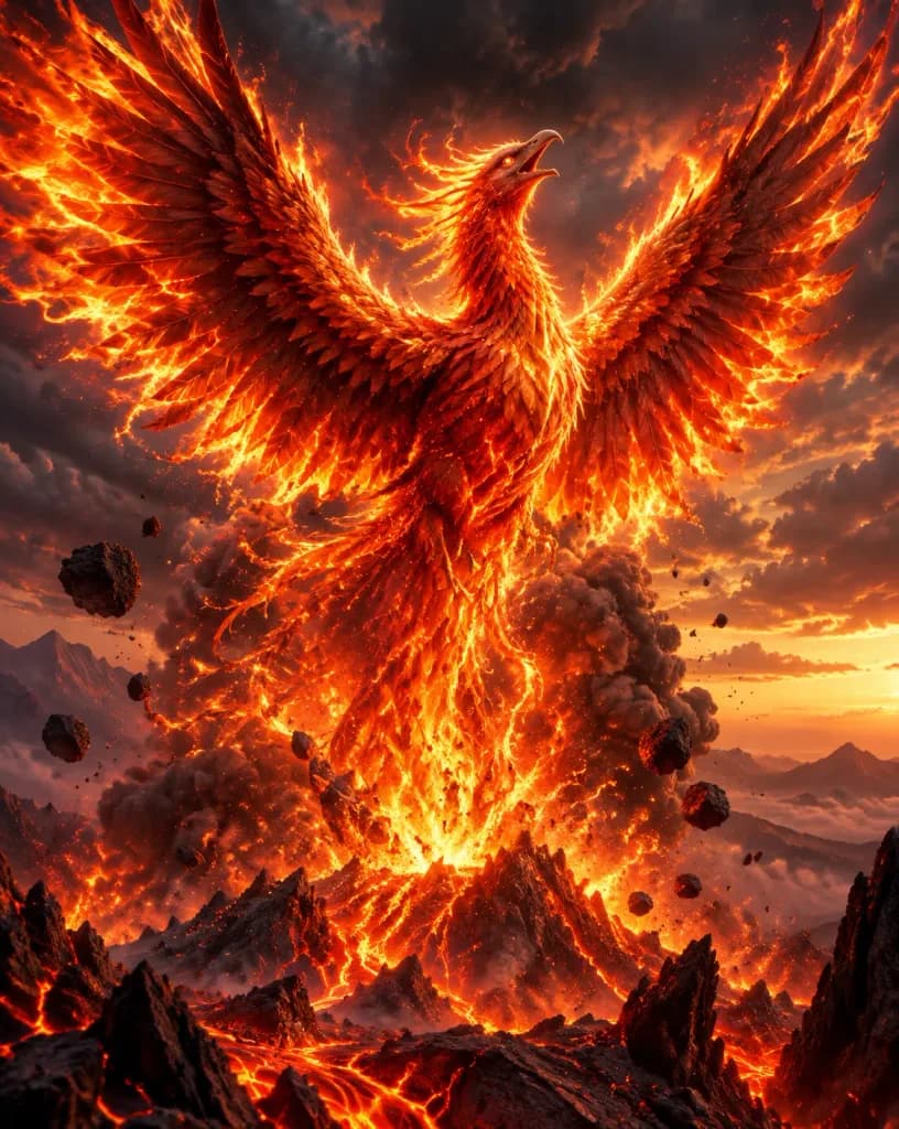 Colossal Phoenix Rising from Volcano