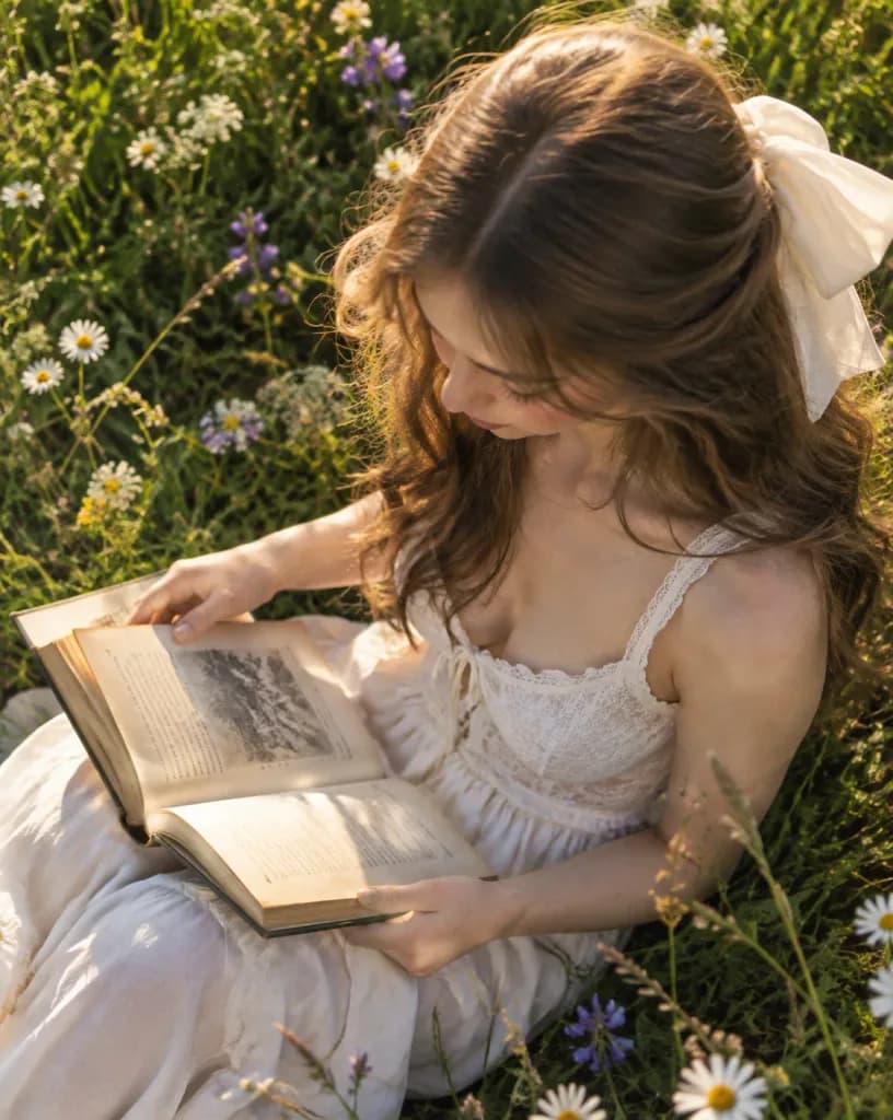 野花咲く草原で読書する女性