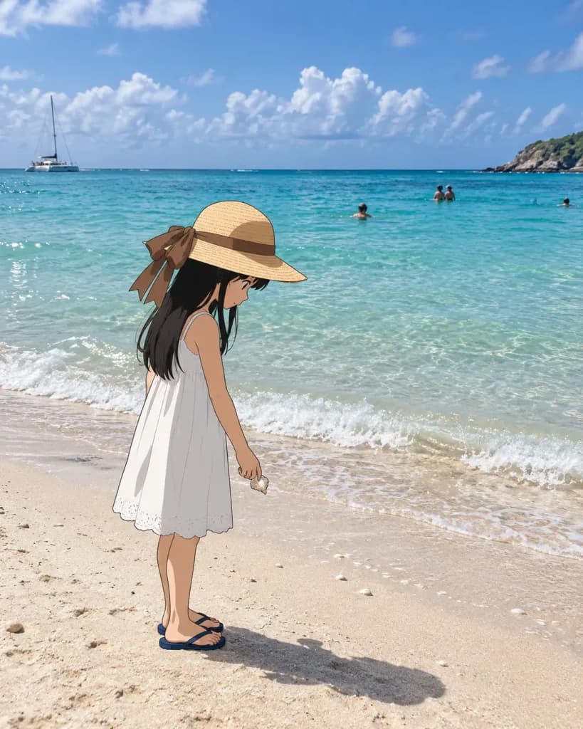 Cel-Shaded Anime Girl on Realistic Beach