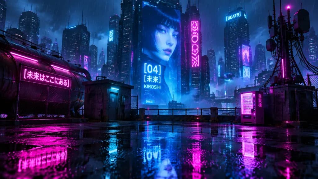 Rainy Cyberpunk Rooftop at Night