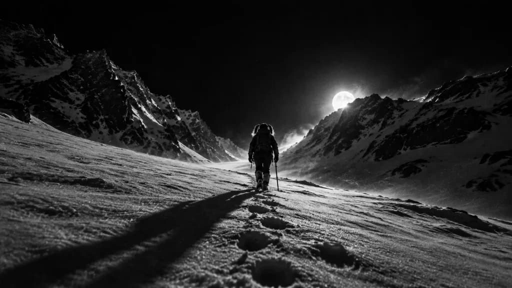 月光の雪山を進む孤高の登山家