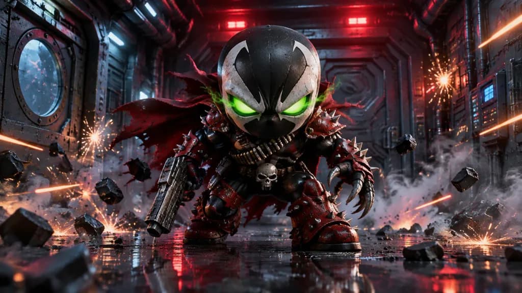 Super-Deformed Antihero Figure in Damaged Corridor