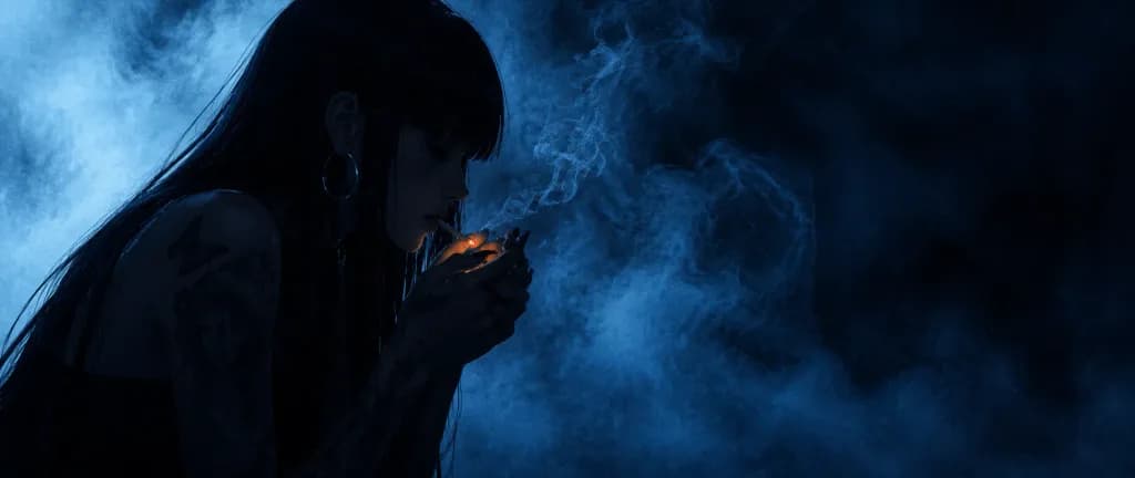 Silhouette Lighting Cigarette in Blue Fog