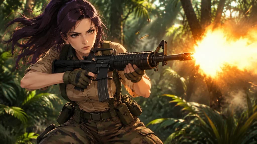Anime Jungle Firefight Action Illustration