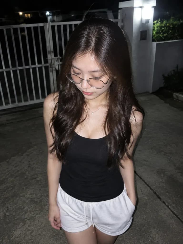 夜の私道での直射フラッシュスナップ写真