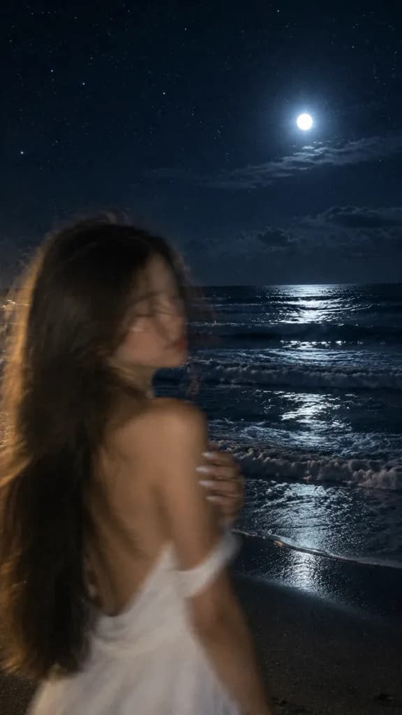 夜の海辺に浮かぶぼやけたシルエット