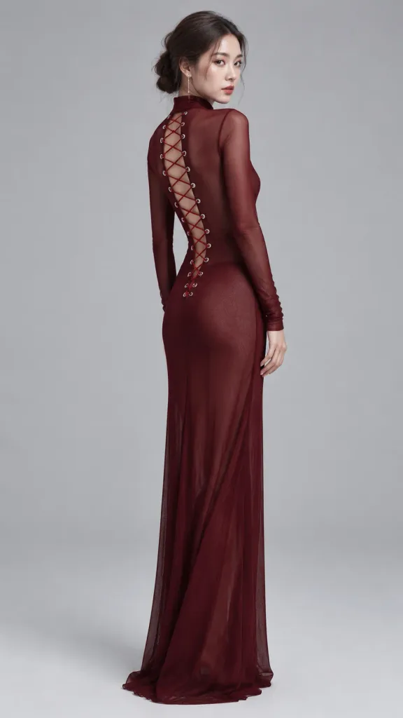 Editorial Model in Burgundy Mesh Dress