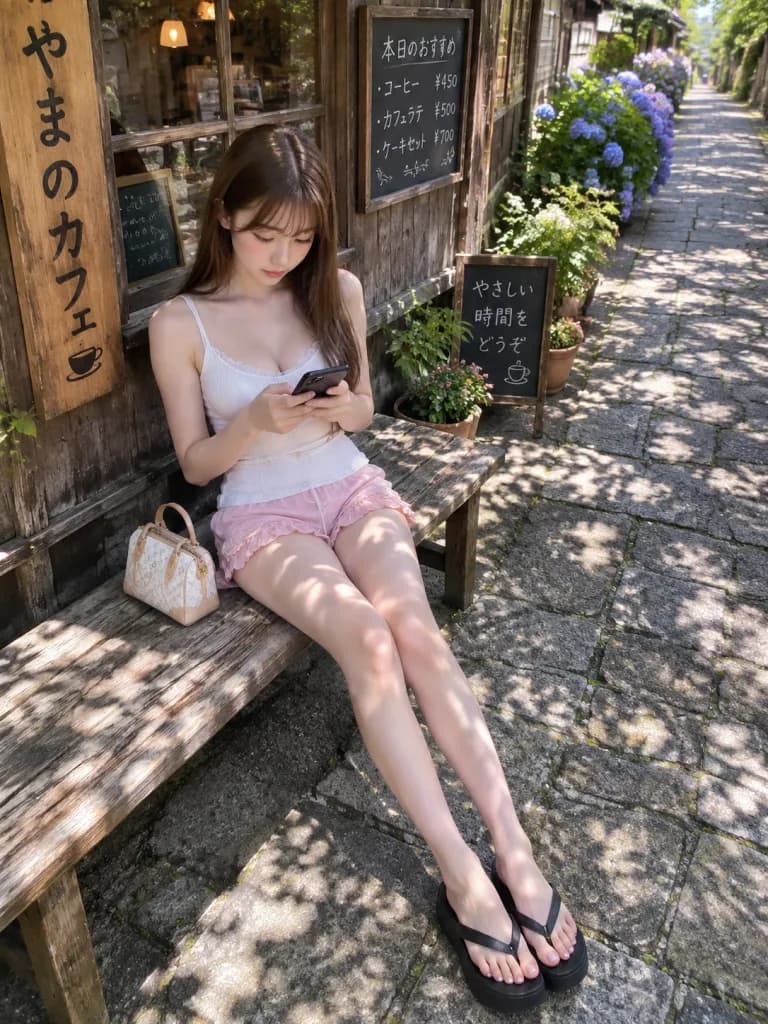 夏のカフェベンチでスマホを見る女性