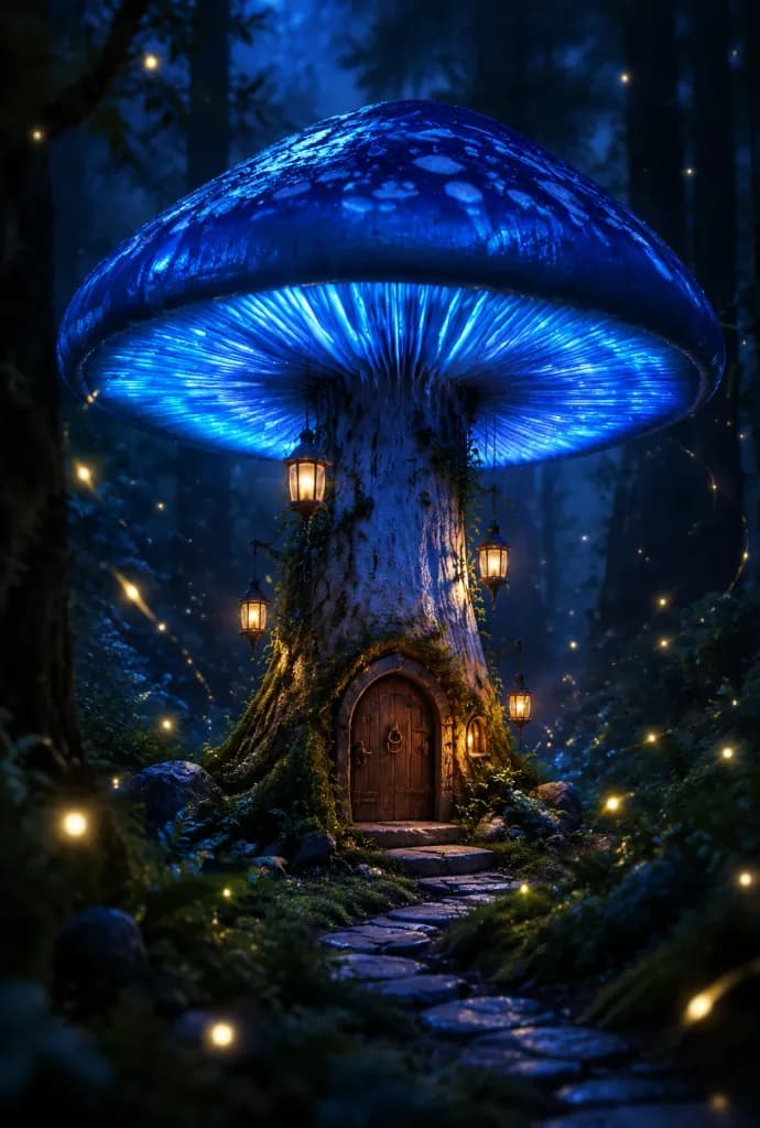 Bioluminescent Giant Mushroom Cottage at Night