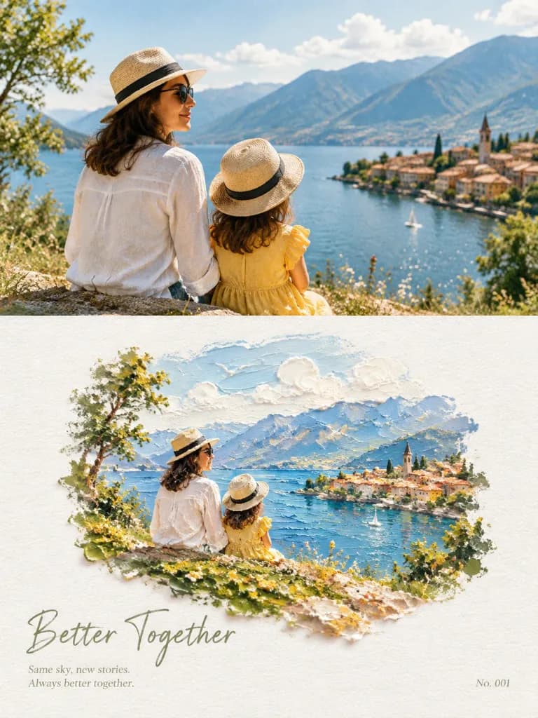 Zweigeteiltes Poster mit Filmfoto und Impasto-Miniatur