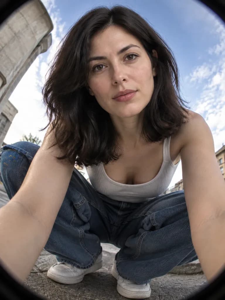 Ground-Level Fisheye Portrait with Reference