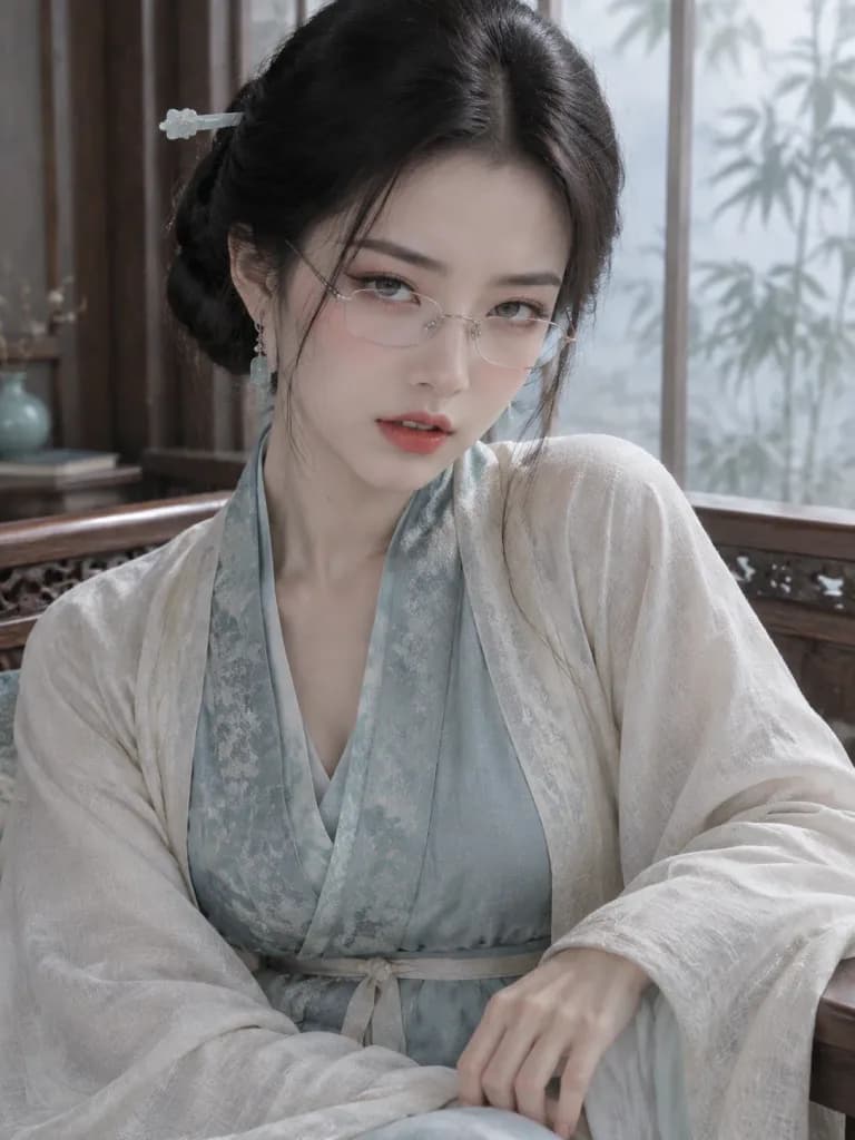 宋代漢服を着た眼鏡の女性ポートレート