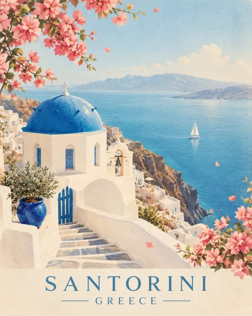 Vintage Santorini Mediterranean Travel Poster