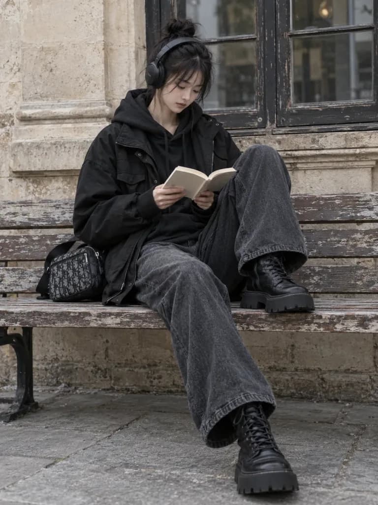 Azjatka czytająca książkę w czarnym streetwearze
