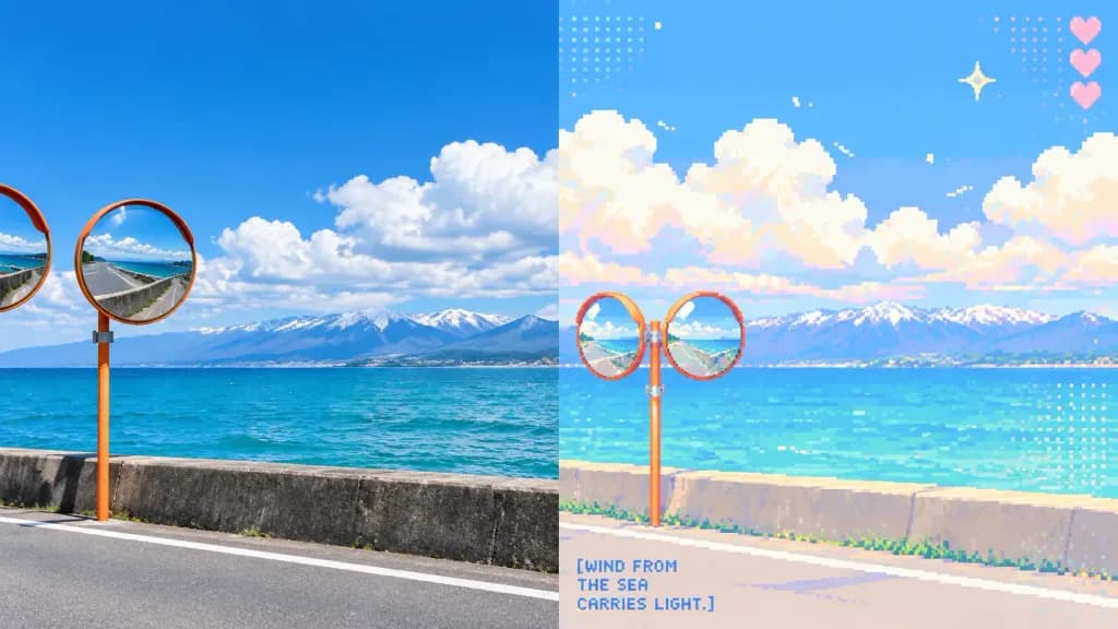 海岸風景の実写からパステルドット絵への変換