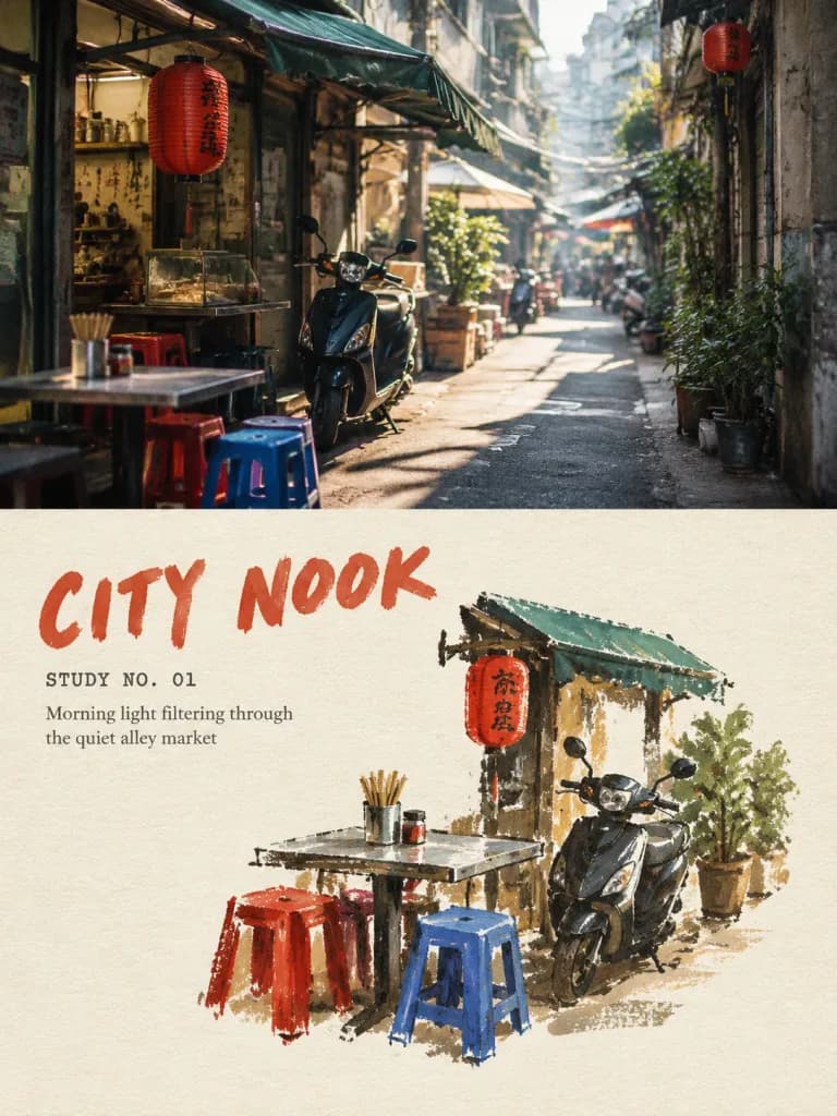 旅行照片轉不透明水彩靜物海報