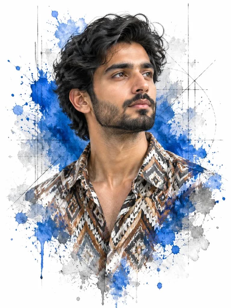 Mixed-Media Watercolor Architectural Male Portrait