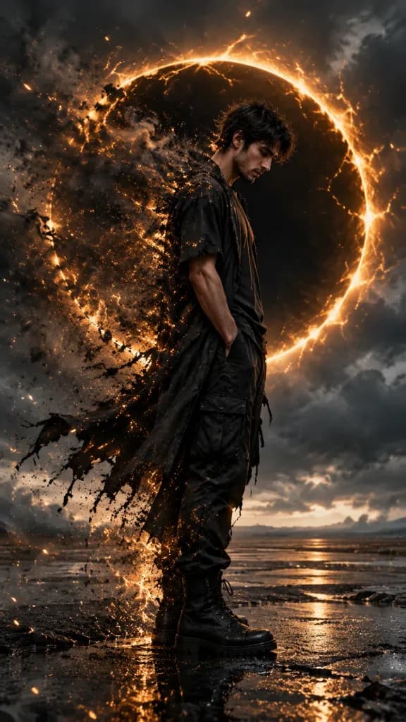 Disintegrating Man Before an Eclipse Portal