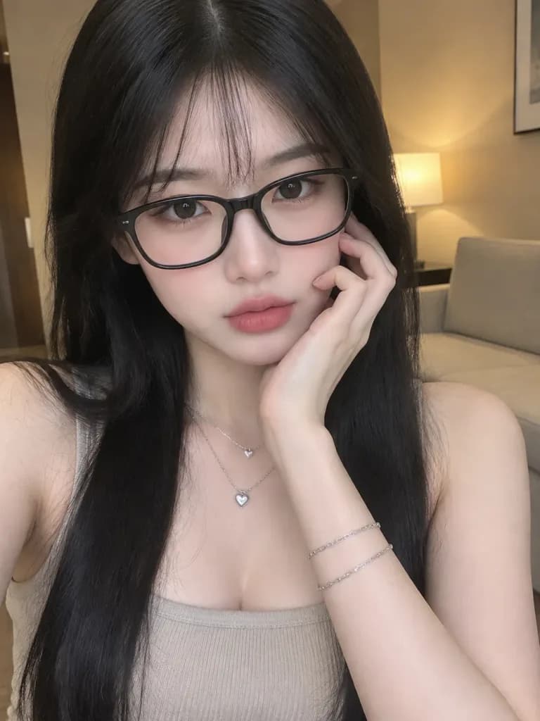 東アジア系女性の室内セルフィーポートレート