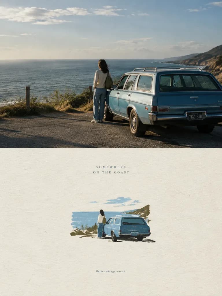 Split Editorial Photo and Minimalist Illustration Poster