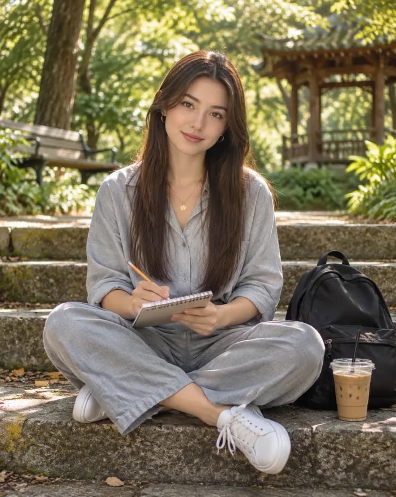 公園の石段でノートをとる女性