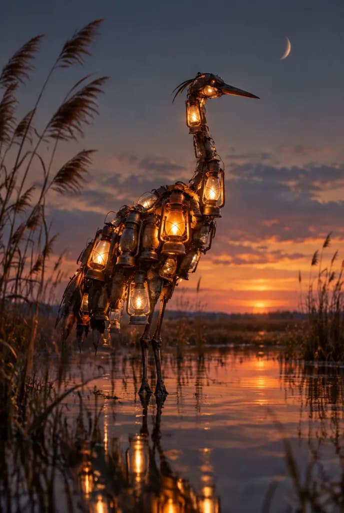 Lantern Crane Bird in Dusk Marsh